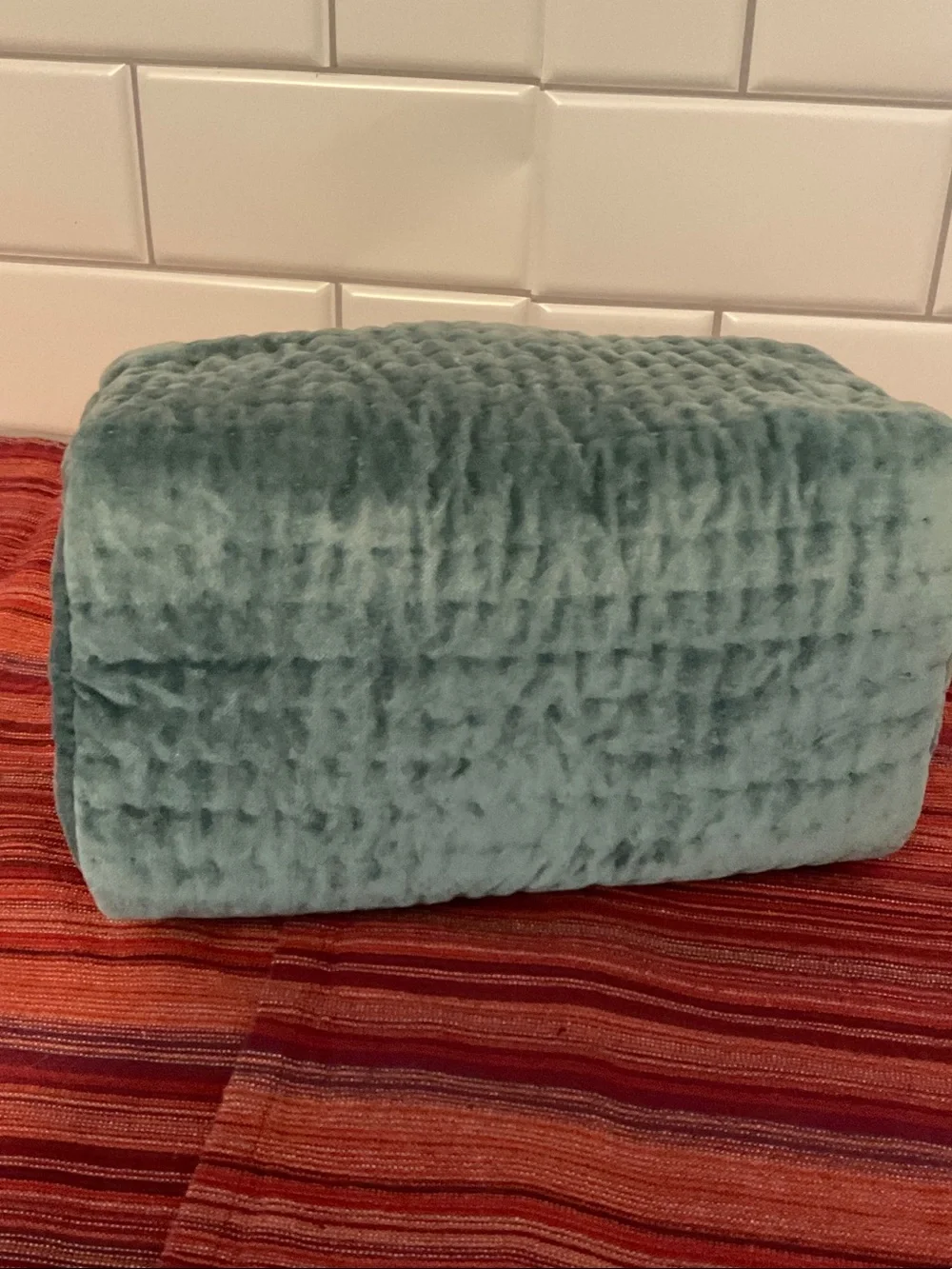 Pottery Barn Plush Quilted Cosmetic Toiletry Bag in Sage Green